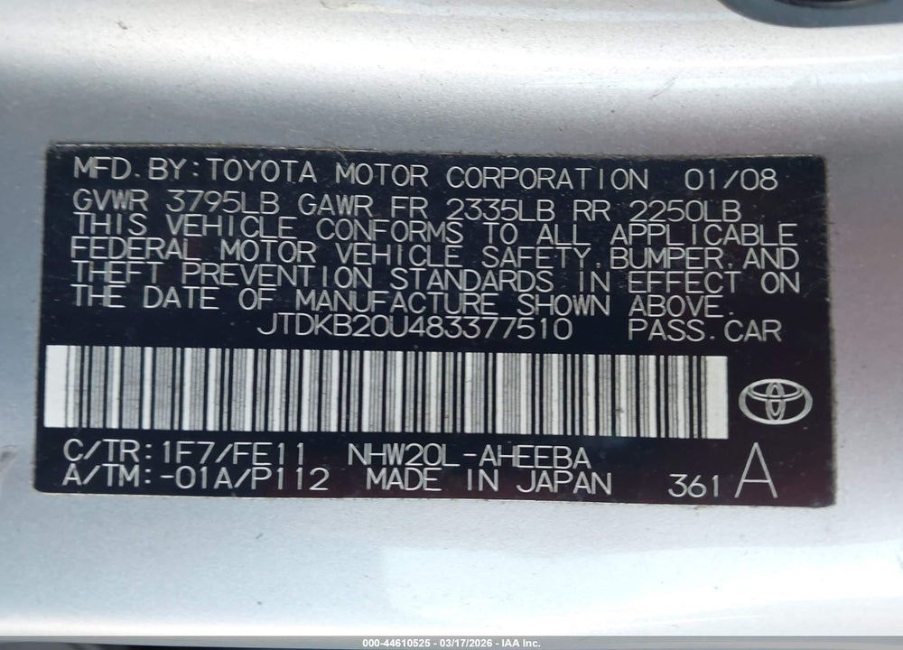 2008 TOYOTA PRIUS VIN: JTDKB20U483377510