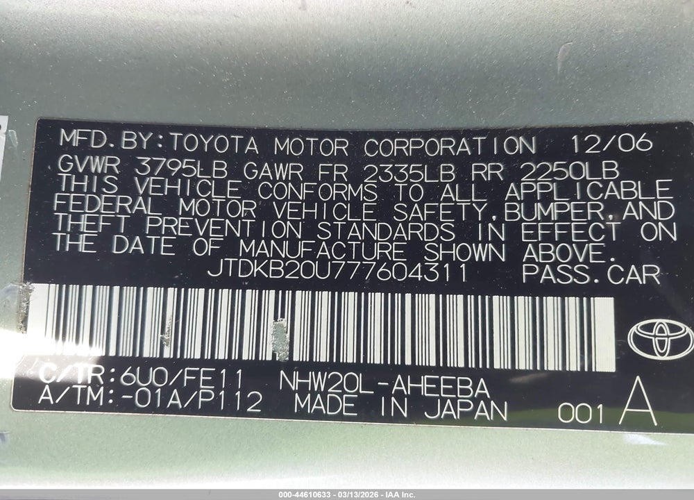 2007 TOYOTA PRIUS VIN: JTDKB20U777604311