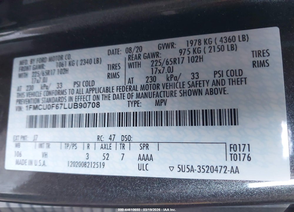 2020 FORD ESCAPE S VIN: 1FMCU0F67LUB90708