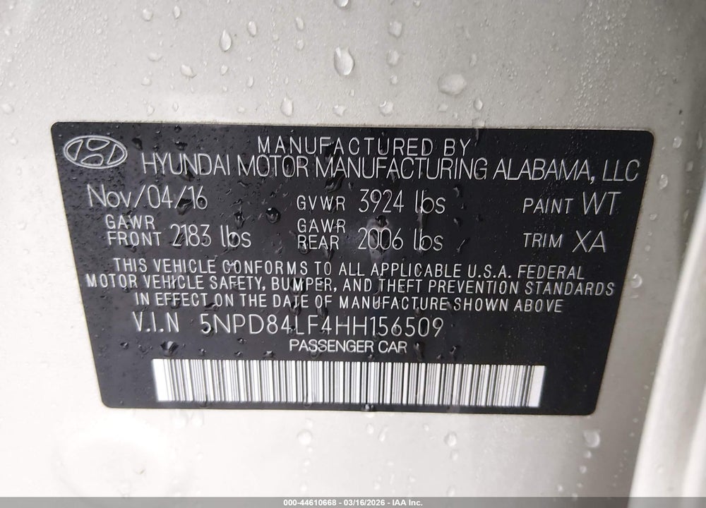 2017 HYUNDAI ELANTRA VALUE EDITION VIN: 5NPD84LF4HH156509