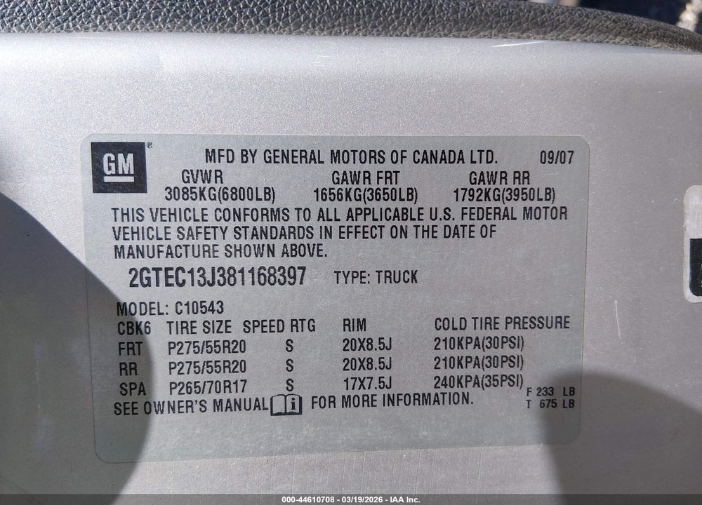 2008 GMC SIERRA 1500 SLE2 VIN: 2GTEC13J381168397