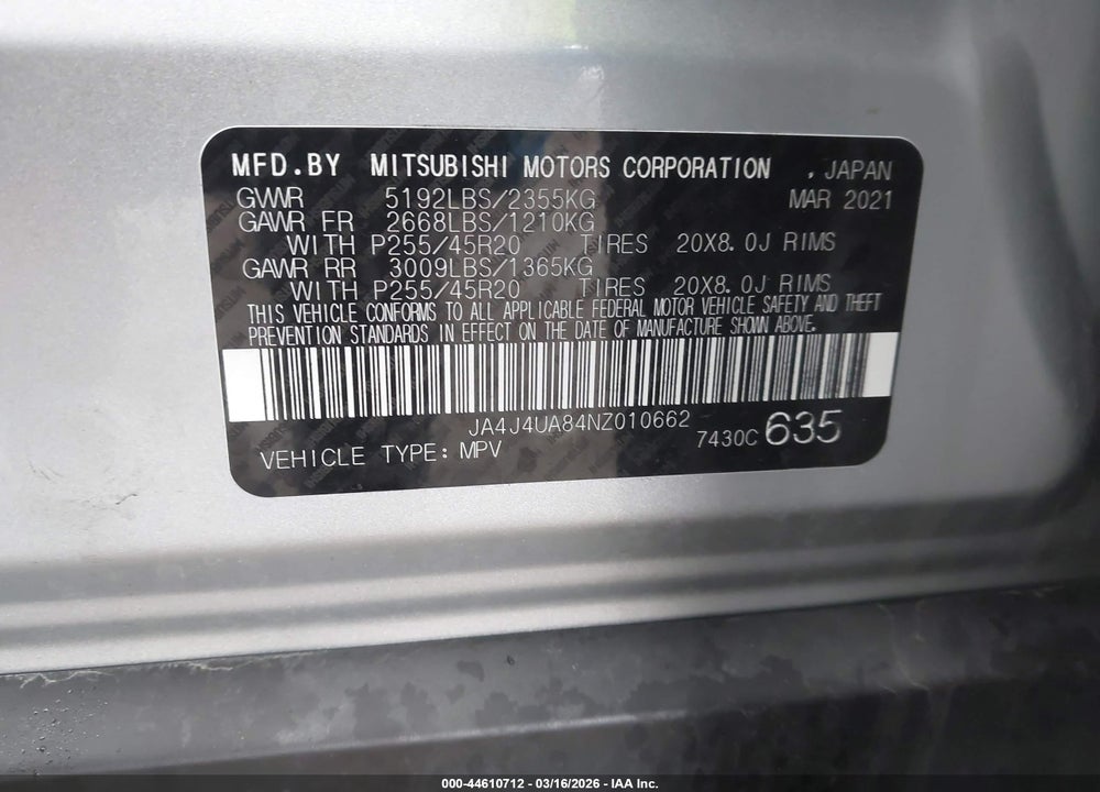 2022 MITSUBISHI OUTLANDER BLACK EDITION S-AWC/SE 2.5 S-AWC/SE LAUNCH EDITION S-AWC VIN: JA4J4UA84NZ010662