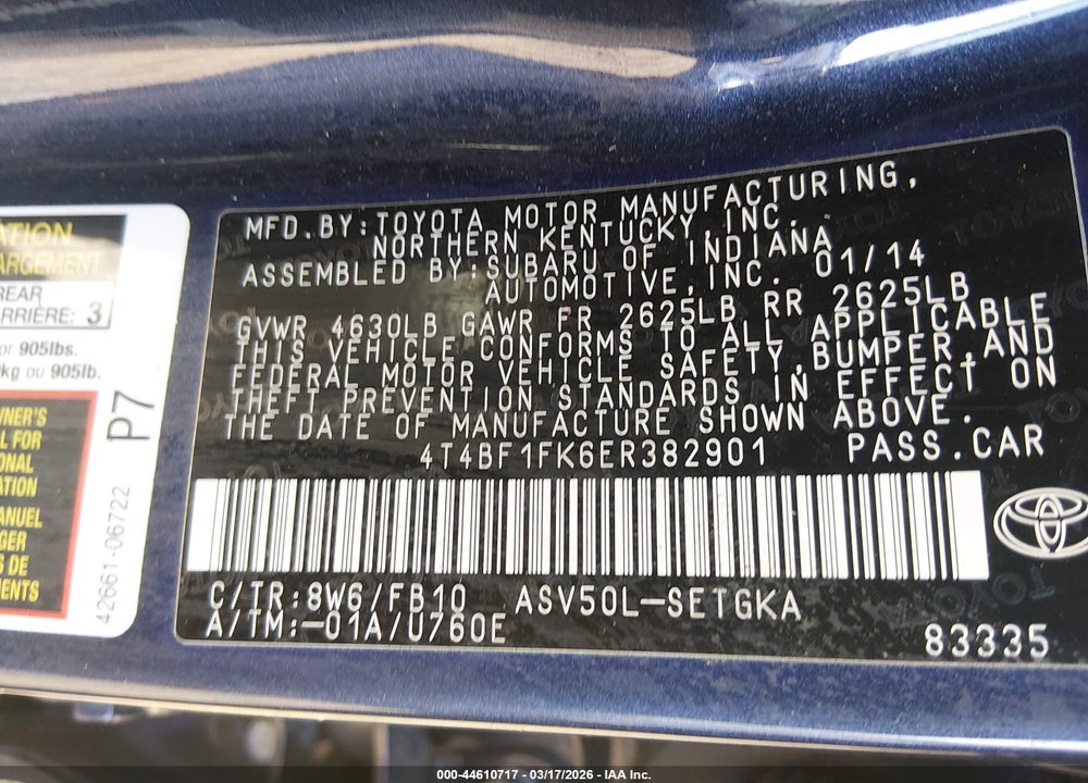 2014 TOYOTA CAMRY XLE VIN: 4T4BF1FK6ER382901