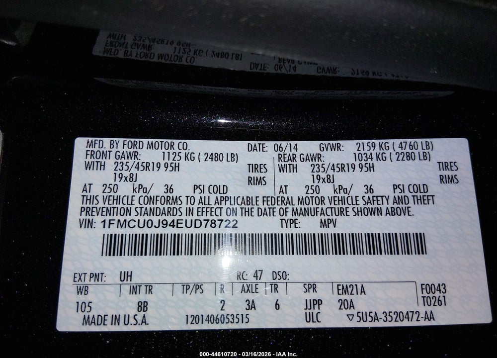 2014 FORD ESCAPE TITANIUM VIN: 1FMCU0J94EUD78722