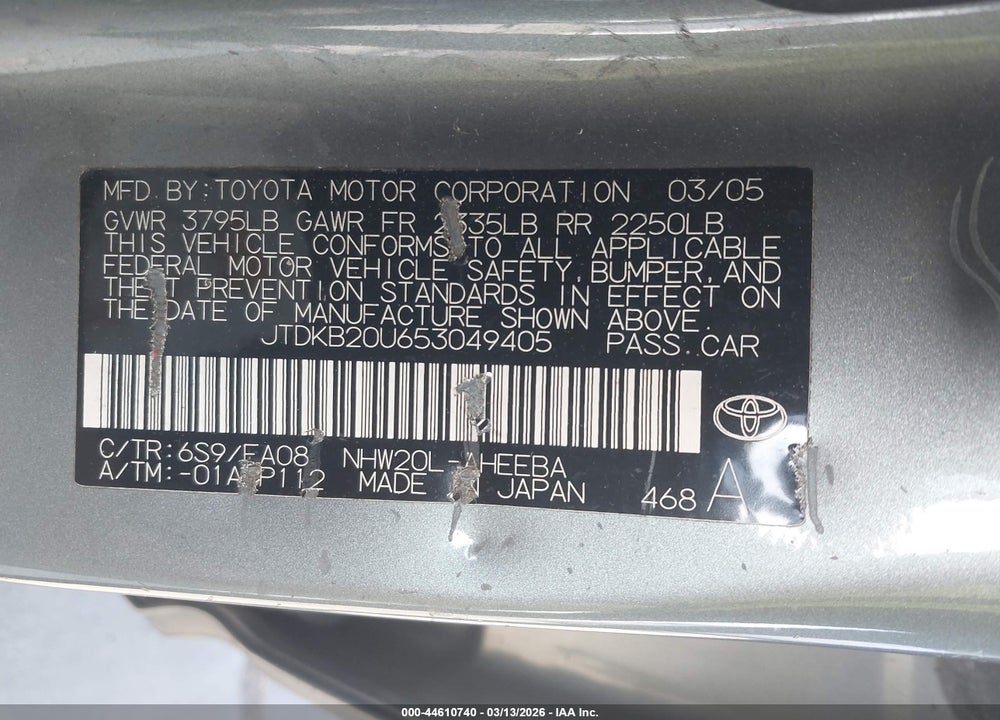 2005 TOYOTA PRIUS VIN: JTDKB20U653049405