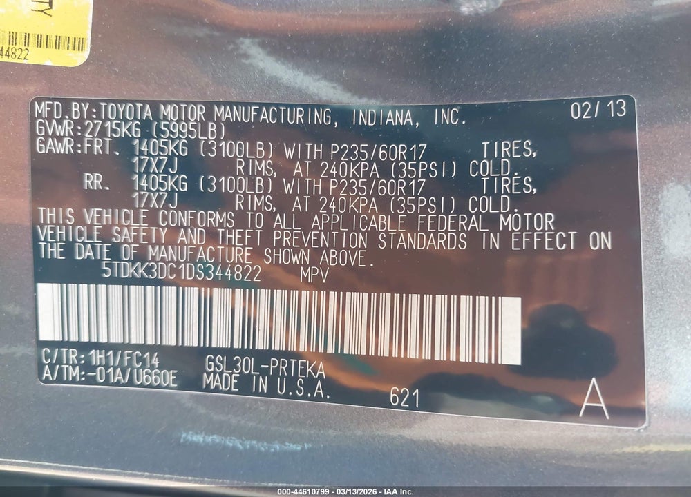 2013 TOYOTA SIENNA LE V6 8 PASSENGER VIN: 5TDKK3DC1DS344822