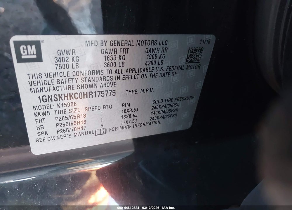 2017 CHEVROLET SUBURBAN LT VIN: 1GNSKHKC0HR175775