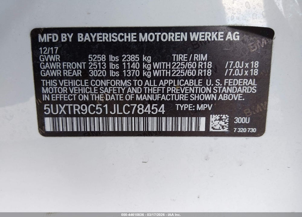 2018 BMW X3 XDRIVE30I VIN: 5UXTR9C51JLC78454