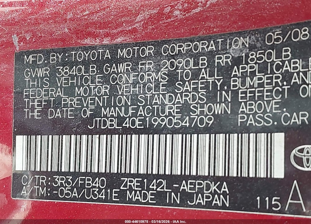 2009 TOYOTA COROLLA LE VIN: JTDBL40E199054709