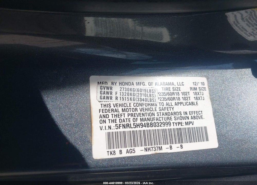 2011 HONDA ODYSSEY TOURING/TOURING ELITE VIN: 5FNRL5H94BB032999