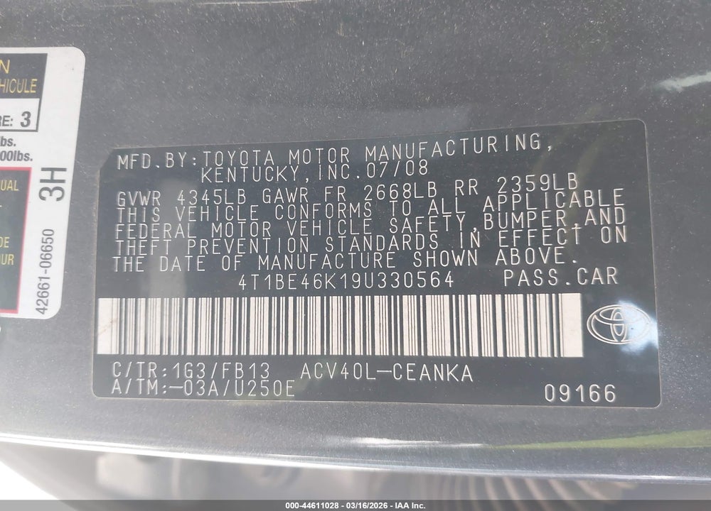 2009 TOYOTA CAMRY LE VIN: 4T1BE46K19U330564