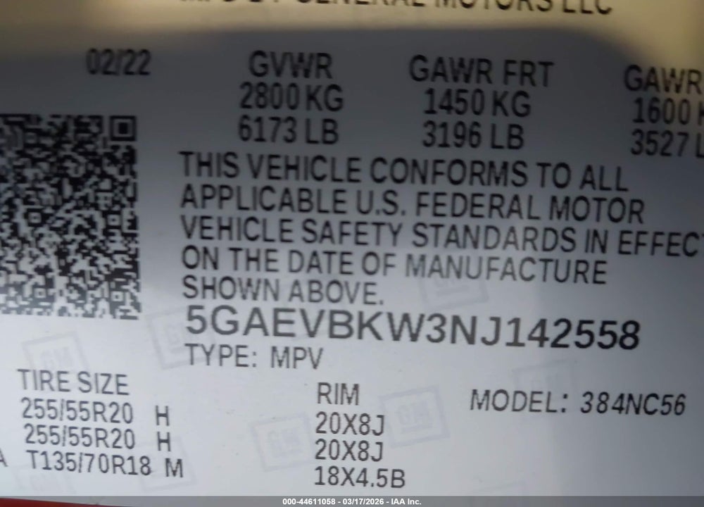 2022 BUICK ENCLAVE AWD PREMIUM VIN: 5GAEVBKW3NJ142558