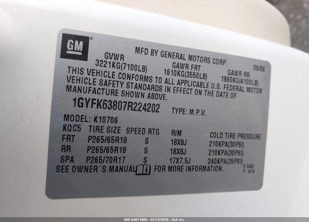 2007 CADILLAC ESCALADE STANDARD VIN: 1GYFK63807R224202