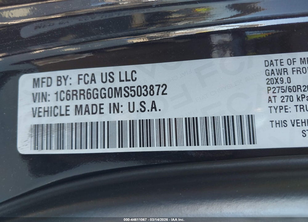 2021 RAM 1500 CLASSIC WARLOCK  4X2 6'4 BOX VIN: 1C6RR6GG0MS503872