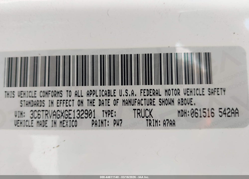 2016 RAM PROMASTER 1500 LOW ROOF VIN: 3C6TRVAGXGE132901
