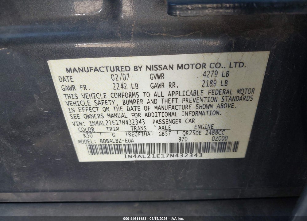 2007 NISSAN ALTIMA 2.5 S VIN: 1N4AL21E17N432343