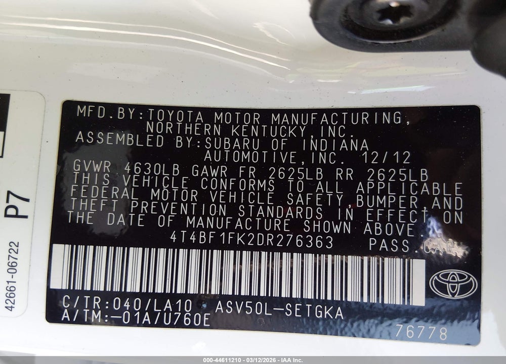 2013 TOYOTA CAMRY XLE VIN: 4T4BF1FK2DR276363