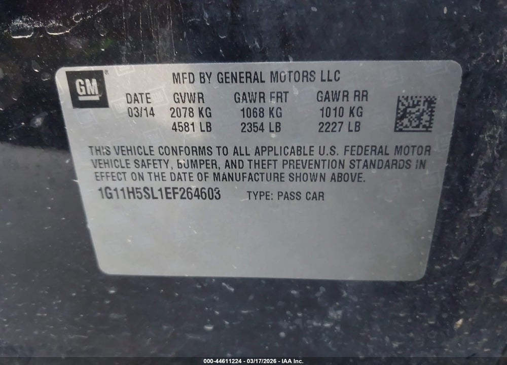 2014 CHEVROLET MALIBU 1LZ VIN: 1G11H5SL1EF264603