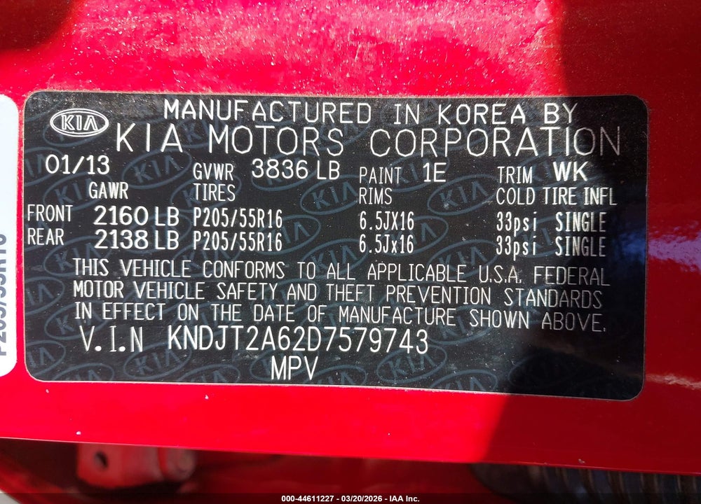 2013 KIA SOUL + VIN: KNDJT2A62D7579743