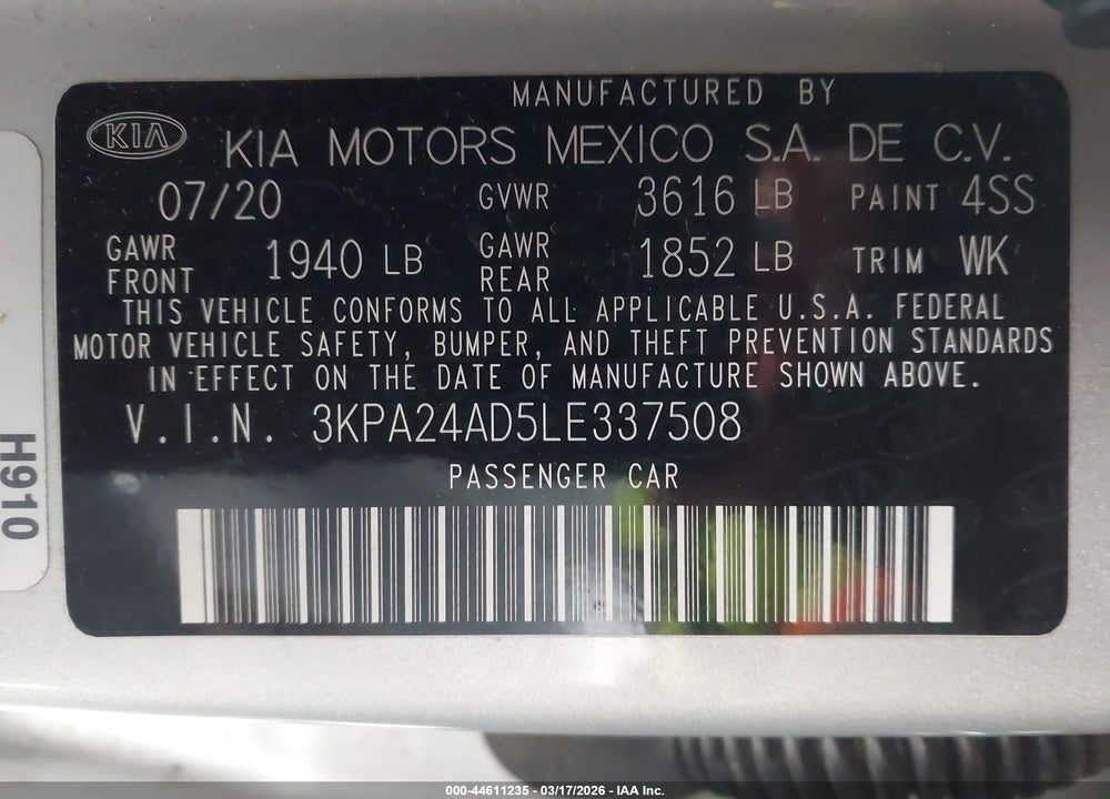 2020 KIA RIO LX VIN: 3KPA24AD5LE337508
