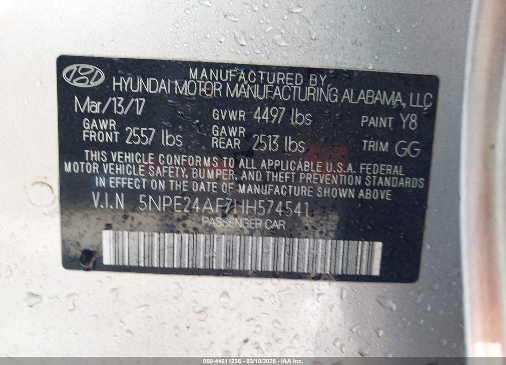 2017 HYUNDAI SONATA VIN: 5NPE24AF7HH574541