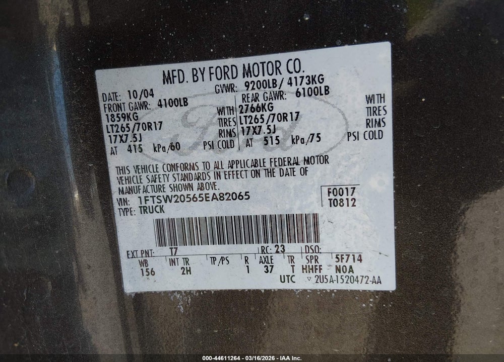 2005 FORD F-250 LARIAT/XL/XLT VIN: 1FTSW20565EA82065