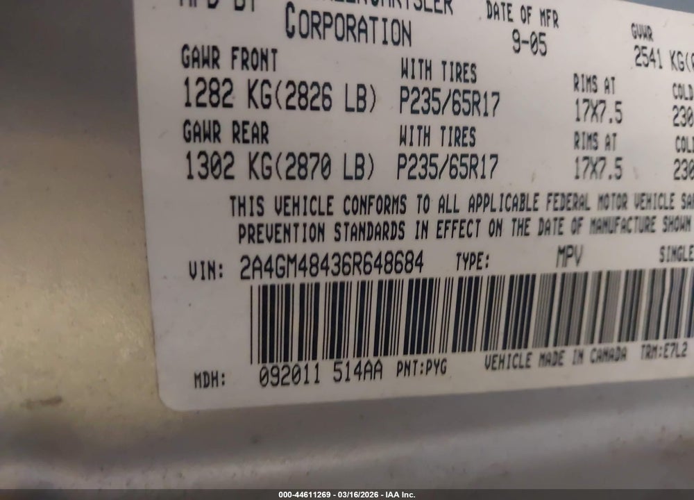 2006 CHRYSLER PACIFICA VIN: 2A4GM48436R648684