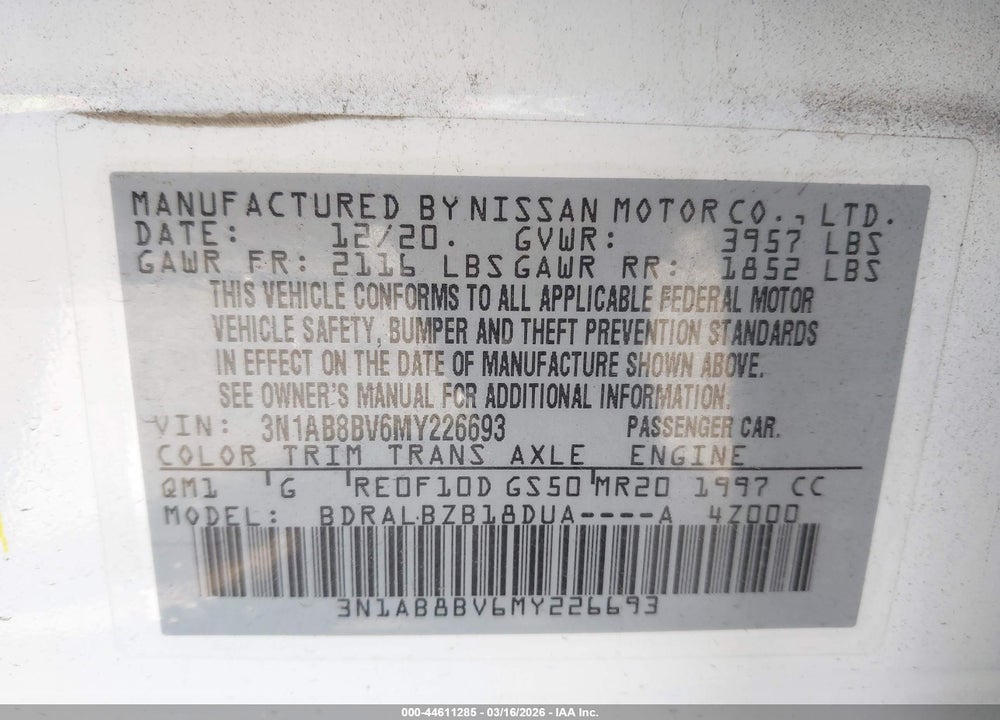 2021 NISSAN SENTRA S XTRONIC CVT VIN: 3N1AB8BV6MY226693