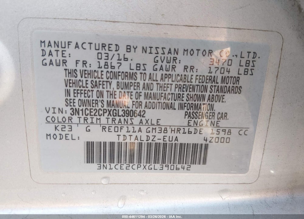 2016 NISSAN VERSA NOTE S (SR)/S PLUS/SL/SR/SV VIN: 3N1CE2CPXGL390642