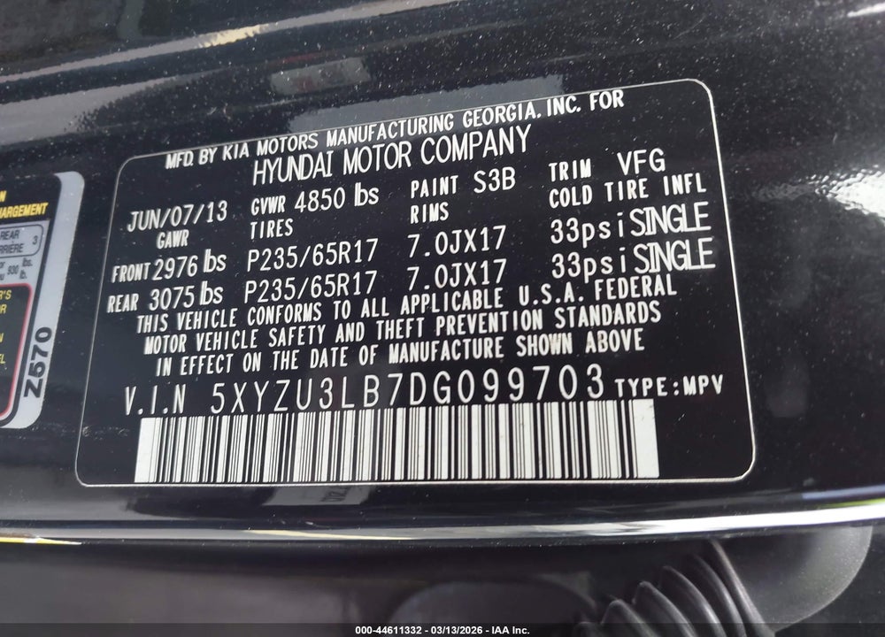 2013 HYUNDAI SANTA FE SPORT VIN: 5XYZU3LB7DG099703