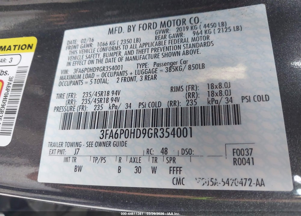 2016 FORD FUSION SE VIN: 3FA6P0HD9GR354001
