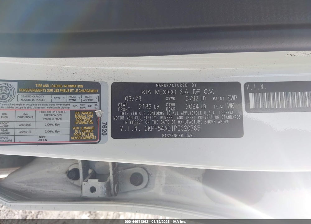 2023 KIA FORTE GT-LINE VIN: 3KPF54AD1PE620765