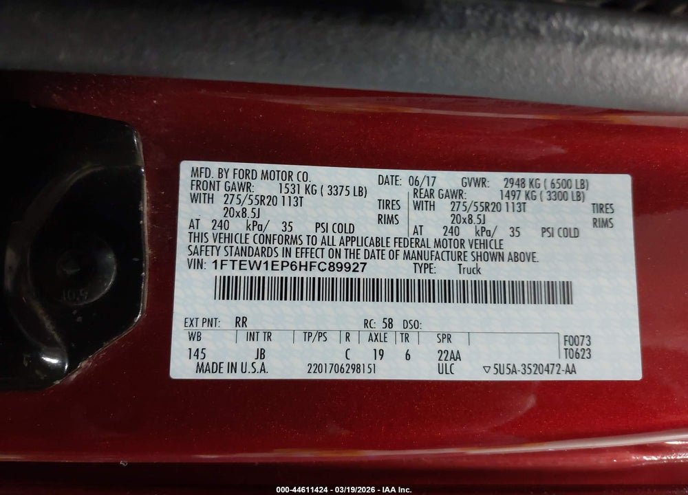 2017 FORD F-150 XLT VIN: 1FTEW1EP6HFC89927