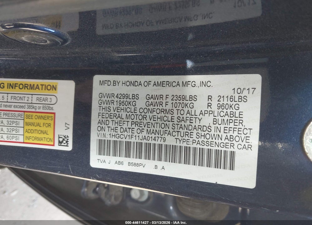 2018 HONDA ACCORD LX VIN: 1HGCV1F11JA014779