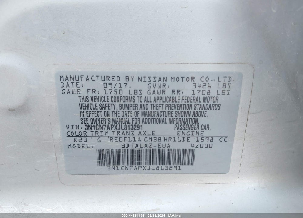 2018 NISSAN VERSA 1.6 S+ VIN: 3N1CN7APXJL813291
