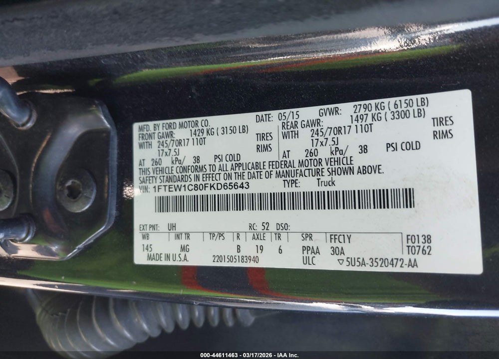 2015 FORD F-150 XLT VIN: 1FTEW1C80FKD65643