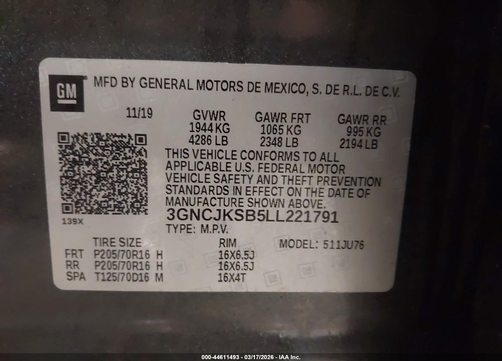 2020 CHEVROLET TRAX FWD LS VIN: 3GNCJKSB5LL221791