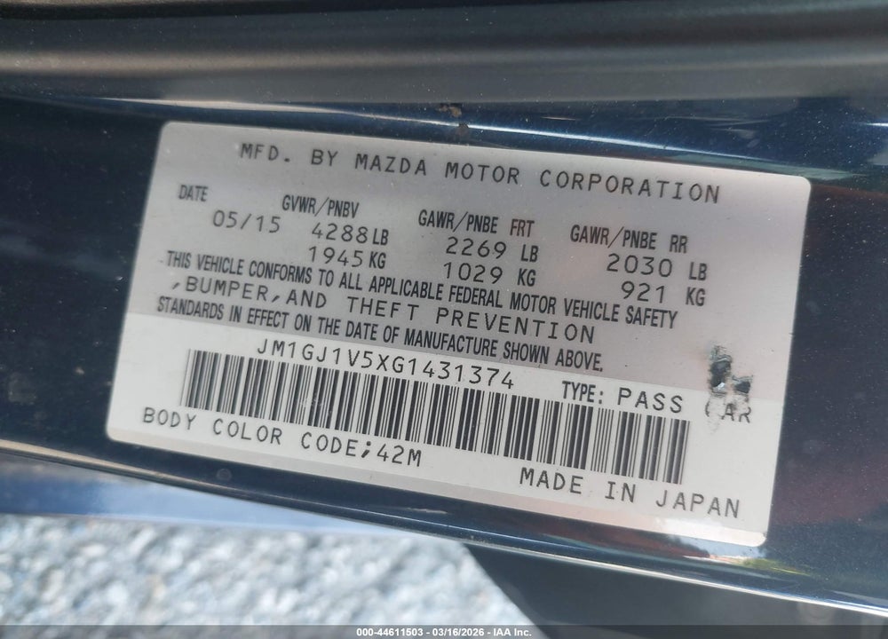2016 MAZDA 6 I TOURING VIN: JM1GJ1V5XG1431374