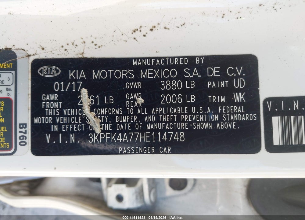 2017 KIA FORTE LX VIN: 3KPFK4A77HE114748