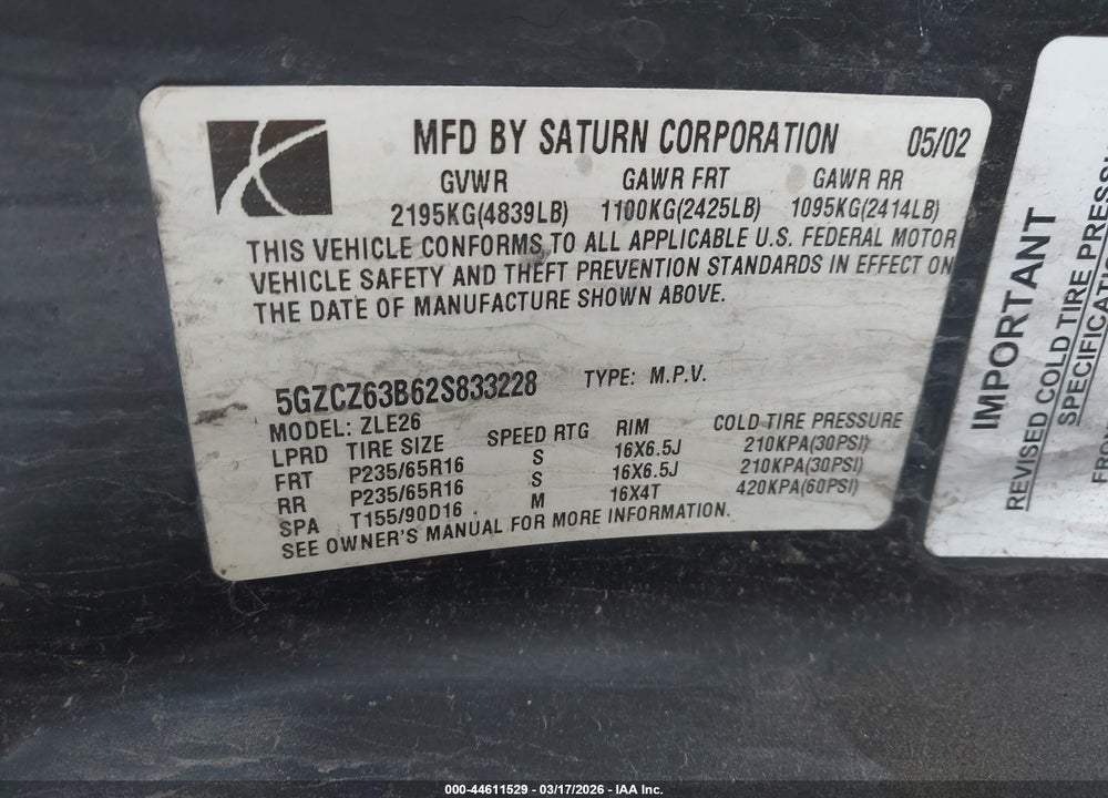 2002 SATURN VUE V6 VIN: 5GZCZ63B62S833228