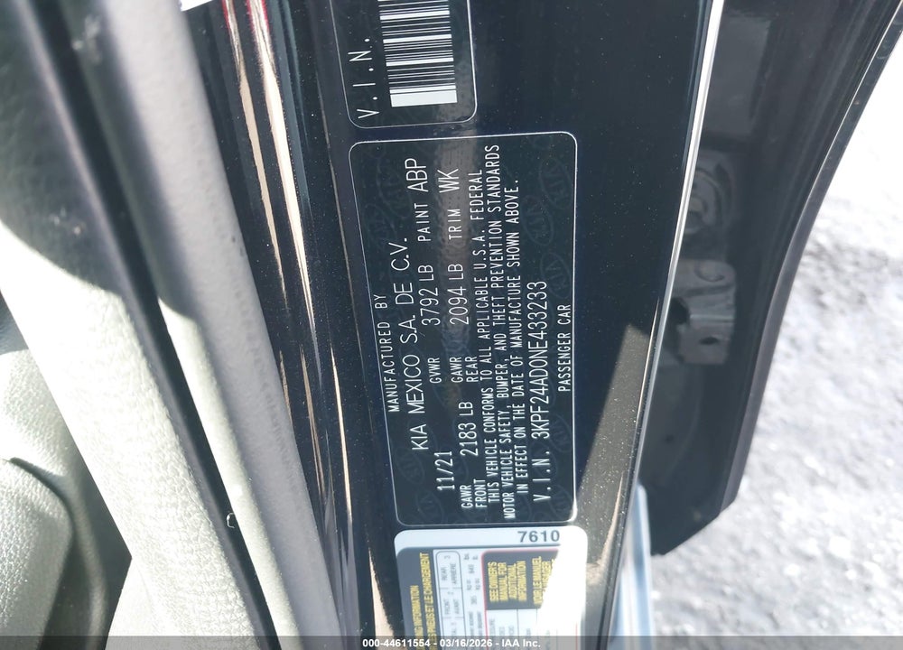 2022 KIA FORTE LXS VIN: 3KPF24AD0NE433233