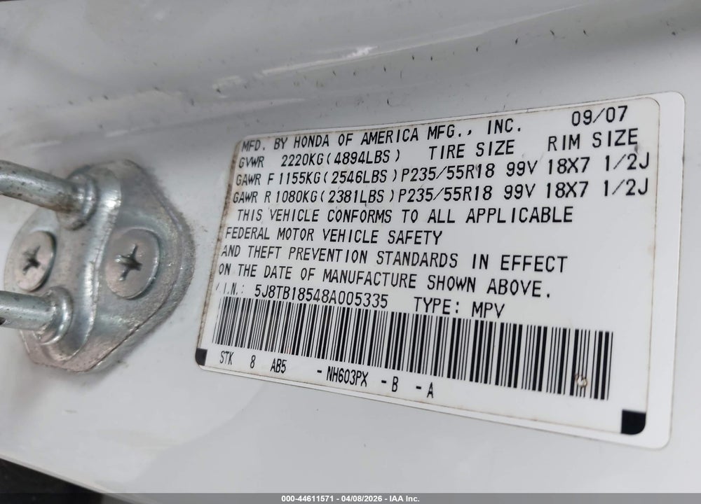 2008 ACURA RDX VIN: 5J8TB18548A005335