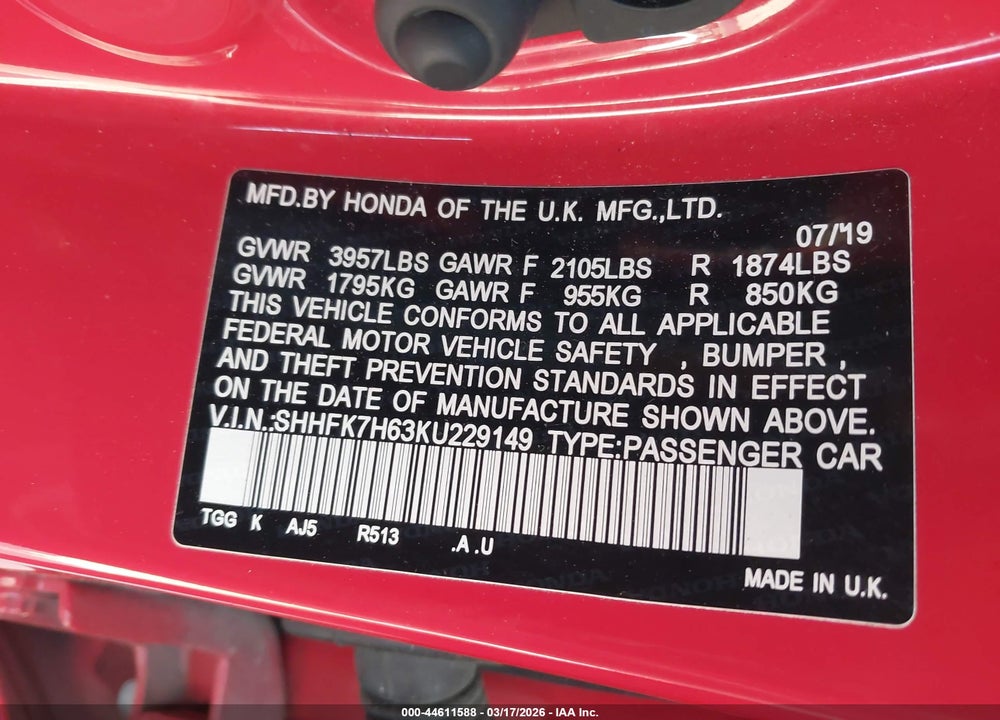 2019 HONDA CIVIC EX VIN: SHHFK7H63KU229149