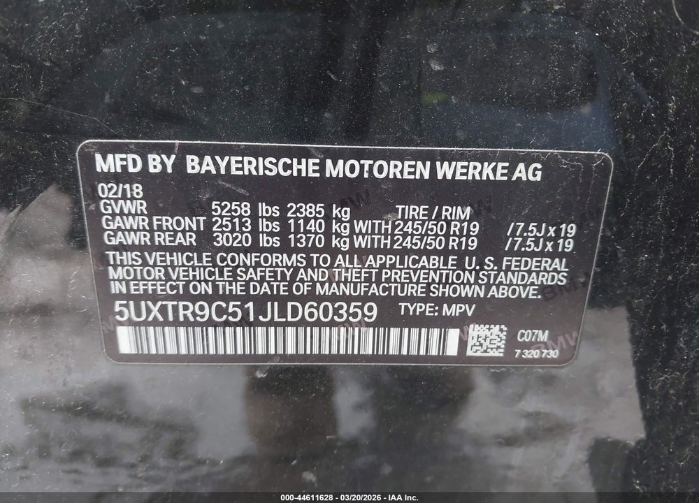 2018 BMW X3 XDRIVE30I VIN: 5UXTR9C51JLD60359