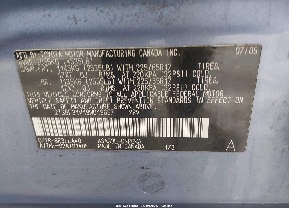 2009 TOYOTA RAV4 LIMITED VIN: 2T3BF31V19W019667