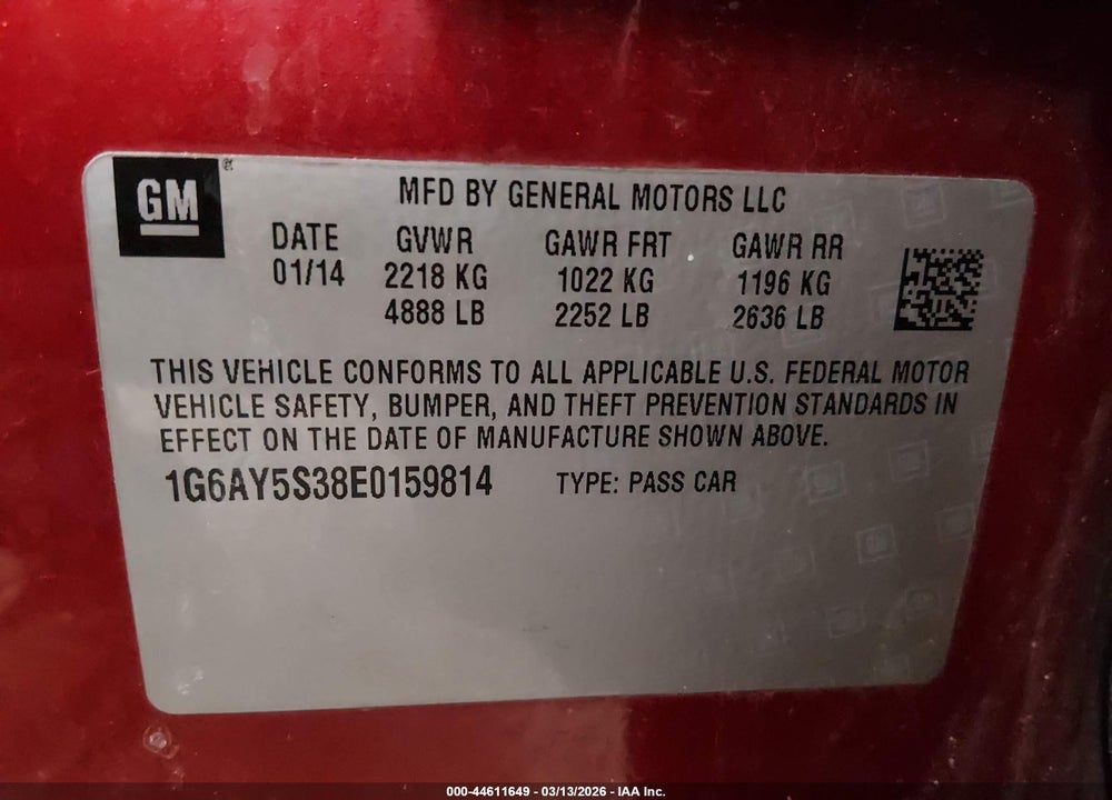 2014 CADILLAC CTS PERFORMANCE VIN: 1G6AY5S38E0159814