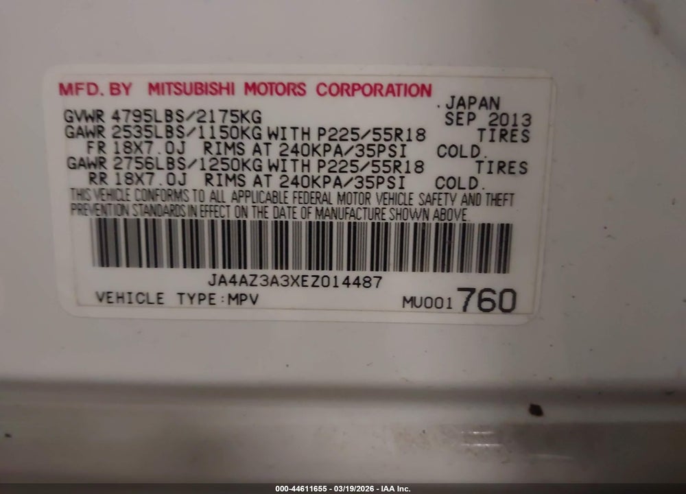 2014 MITSUBISHI OUTLANDER SE VIN: JA4AZ3A3XEZ014487