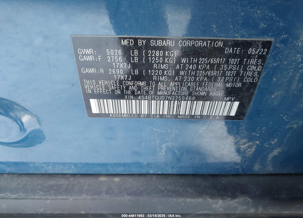 2022 SUBARU OUTBACK WILDERNESS VIN: 4S4BTGUD7N3250469