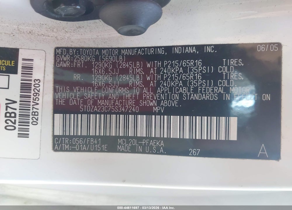 2005 TOYOTA SIENNA LE VIN: 5TDZA23C75S347240