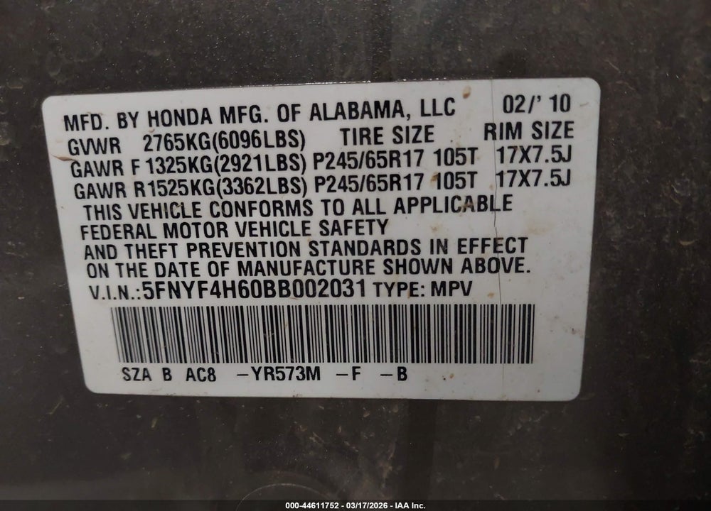 2011 HONDA PILOT EX-L VIN: 5FNYF4H60BB002031